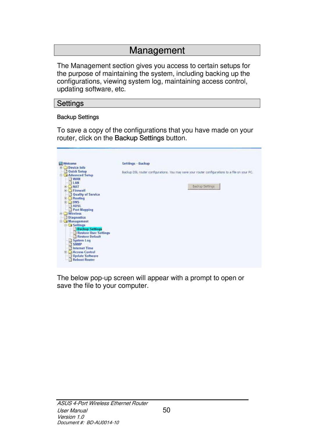 Asus BD-AU0014-10 user manual Management, Settings 