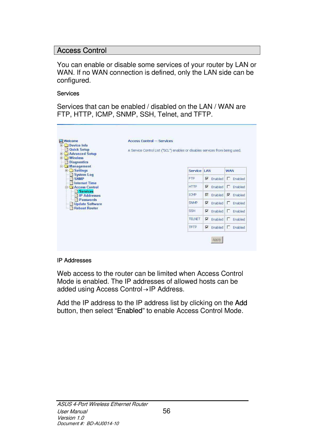 Asus BD-AU0014-10 user manual Access Control 