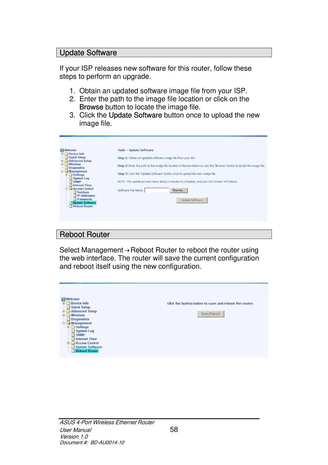 Asus BD-AU0014-10 user manual Update Software, Reboot Router 