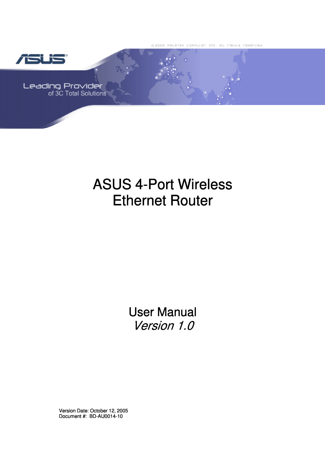 Asus BD-AU0014-10 user manual ASUS 4-Port Wireless Ethernet Router, User Manual, Version 