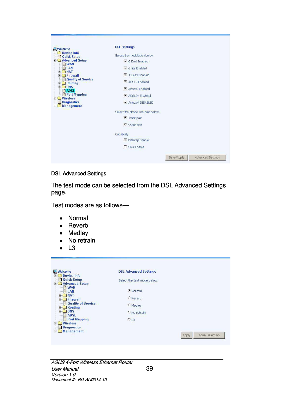 Asus BD-AU0014-10 user manual DSL Advanced Settings, ASUS 4-Port Wireless Ethernet Router, User Manual, Version 