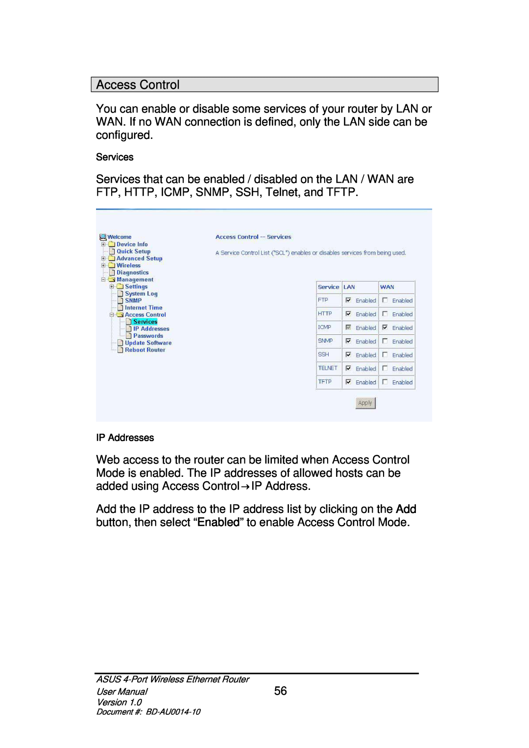 Asus BD-AU0014-10 user manual Access Control, Services, IP Addresses 