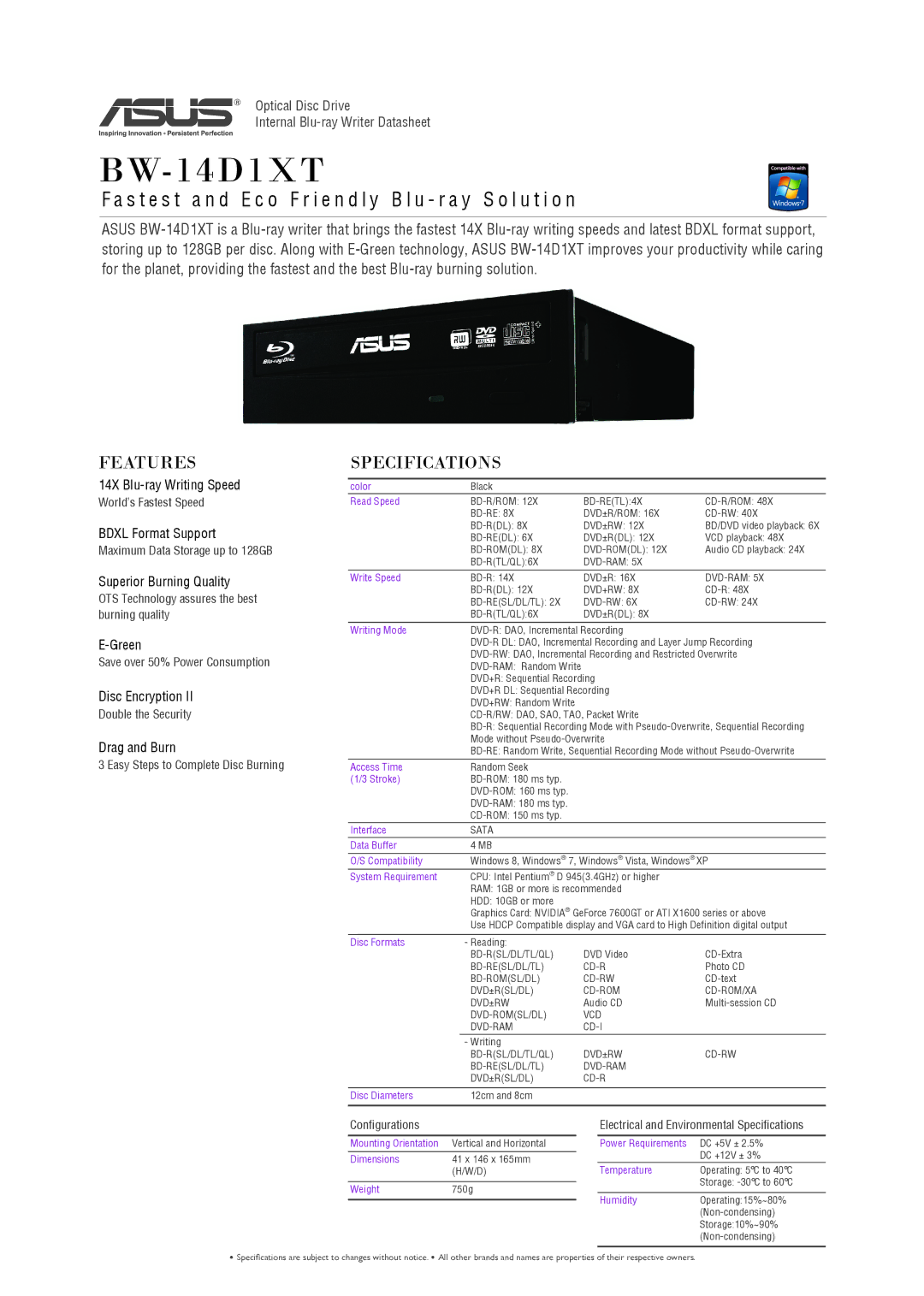 Asus BW-14D1XT specifications Features, Specifications 