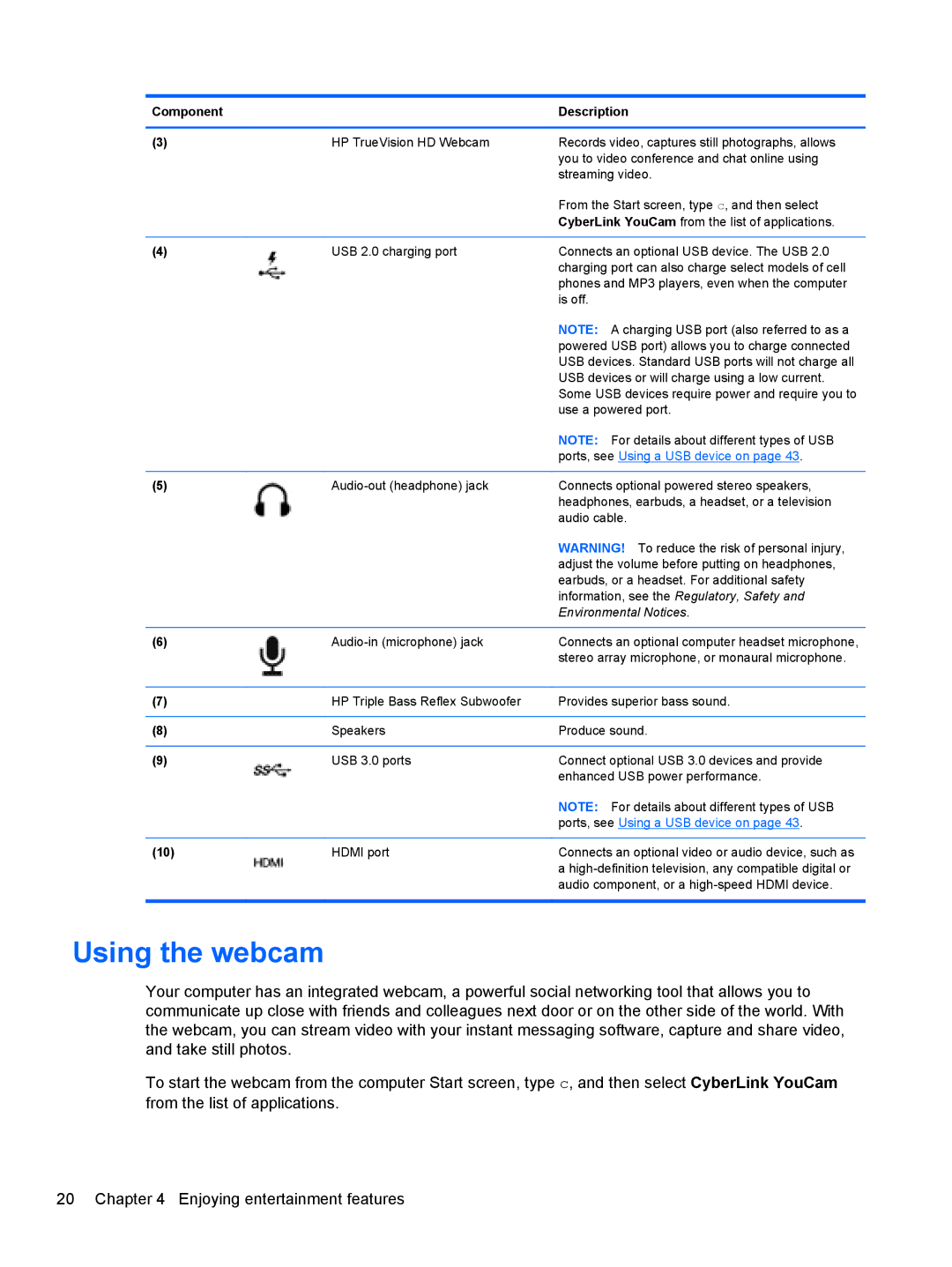 Asus C2K07UAABA, C2K91UA#ABA, 14-b013nr C2K07UA manual Using the webcam, Ports, see Using a USB device on 