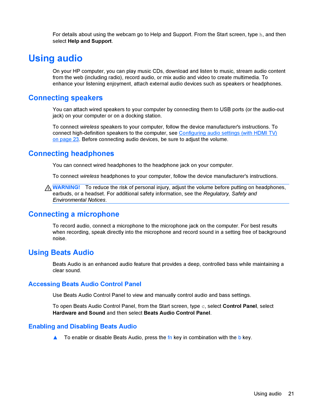 Asus C2K91UA#ABA manual Using audio, Connecting speakers, Connecting headphones, Connecting a microphone, Using Beats Audio 