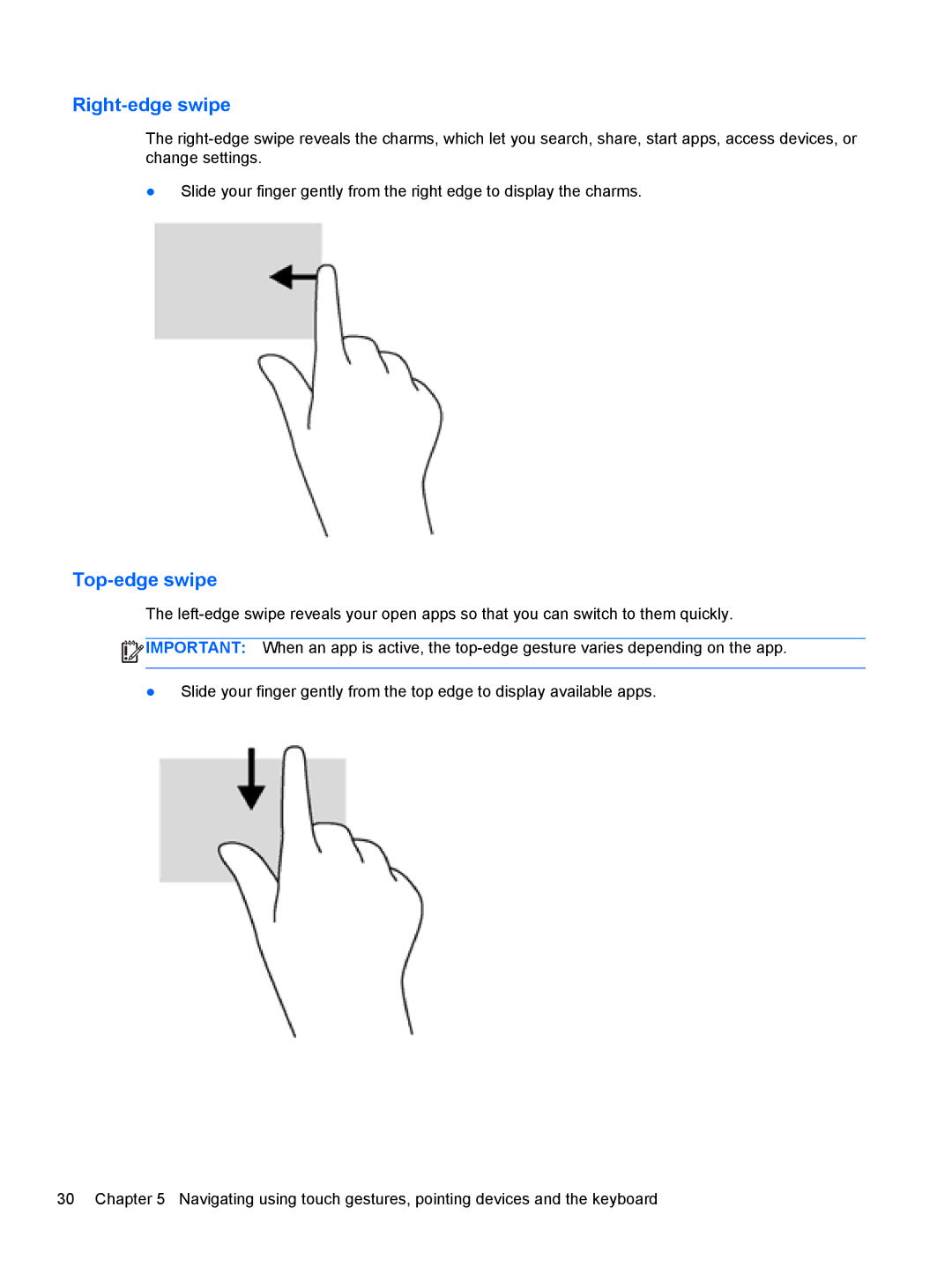 Asus C2K07UAABA, C2K91UA#ABA, 14-b013nr C2K07UA manual Right-edge swipe, Top-edge swipe 