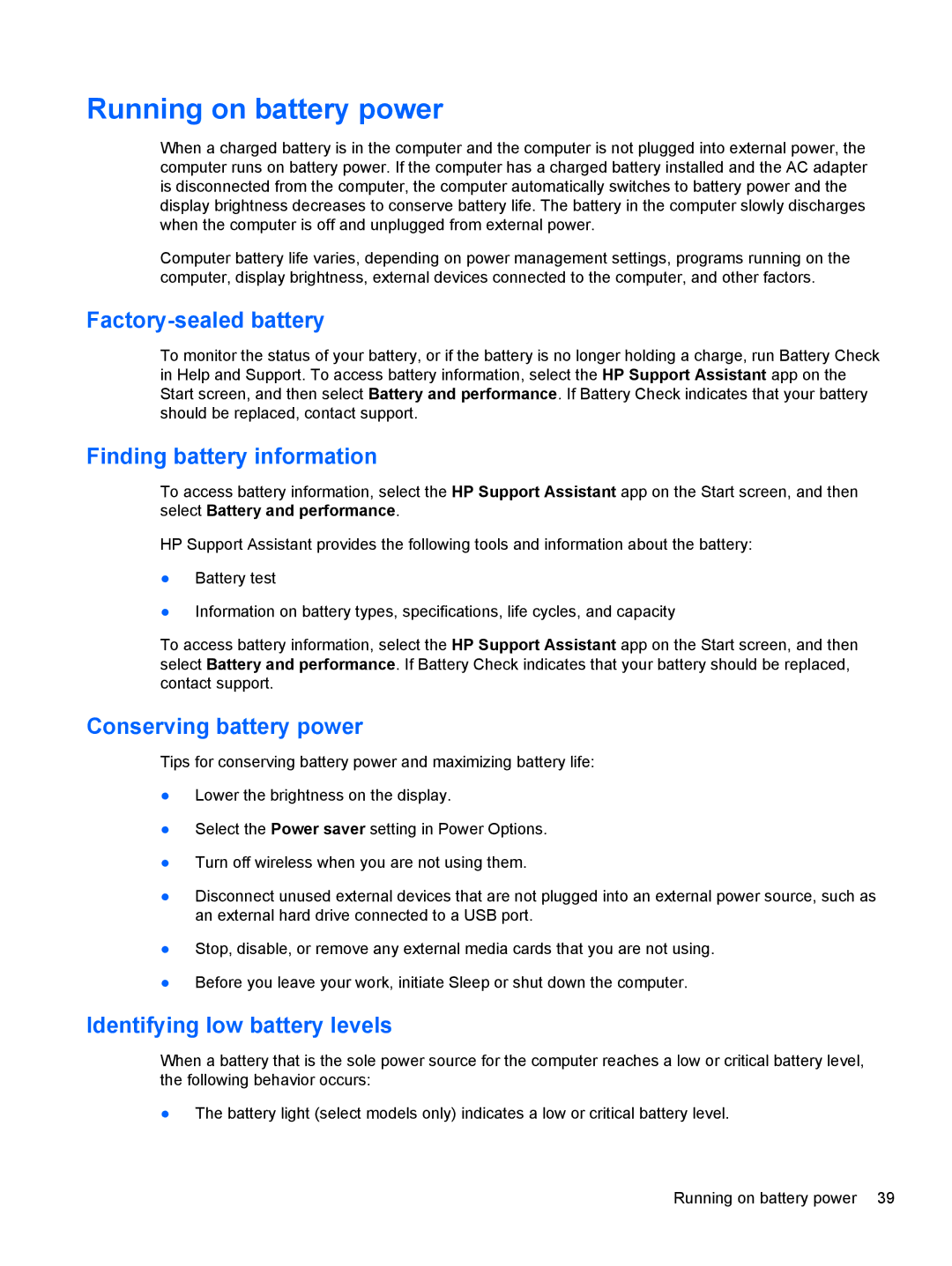 Asus 14-b013nr Running on battery power, Factory-sealed battery, Finding battery information, Conserving battery power 