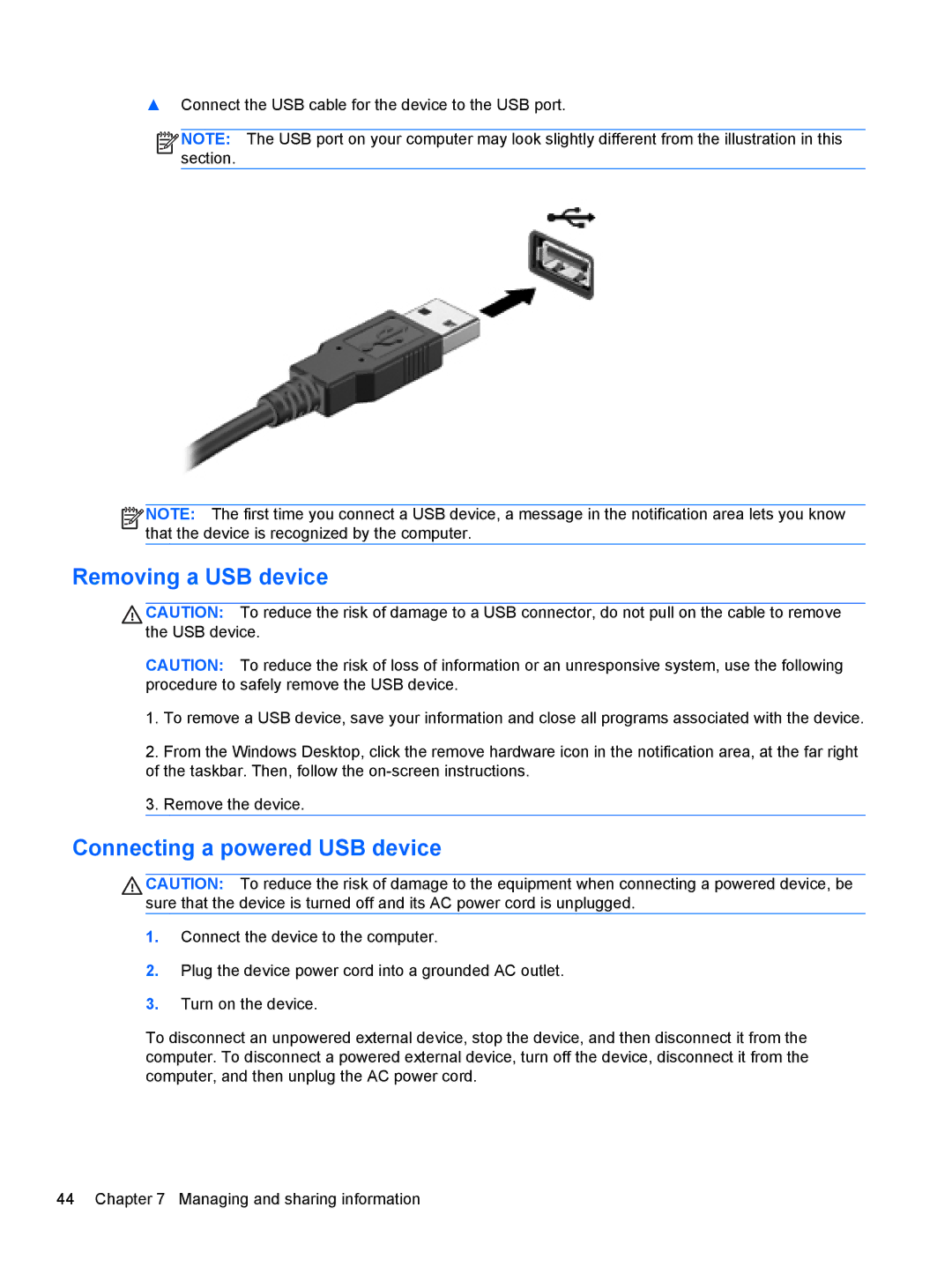 Asus C2K07UAABA, C2K91UA#ABA, 14-b013nr C2K07UA manual Removing a USB device, Connecting a powered USB device 