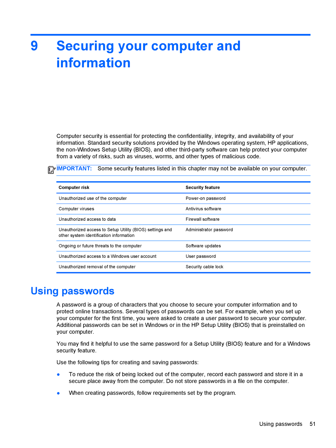 Asus C2K91UA#ABA, C2K07UAABA manual Securing your computer and information, Using passwords, Computer risk Security feature 