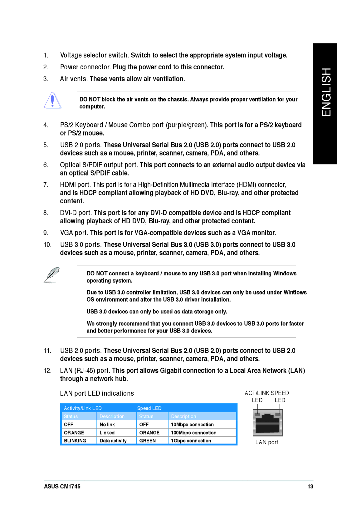 Asus CM1745 user manual LAN port LED indications, Activity/Link LED Speed LED Status Description 