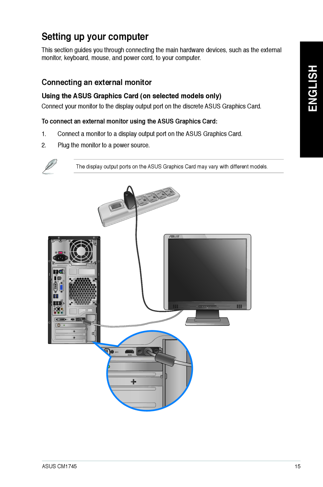 Asus CM1745 Setting up your computer, Connecting an external monitor, Using the Asus Graphics Card on selected models only 