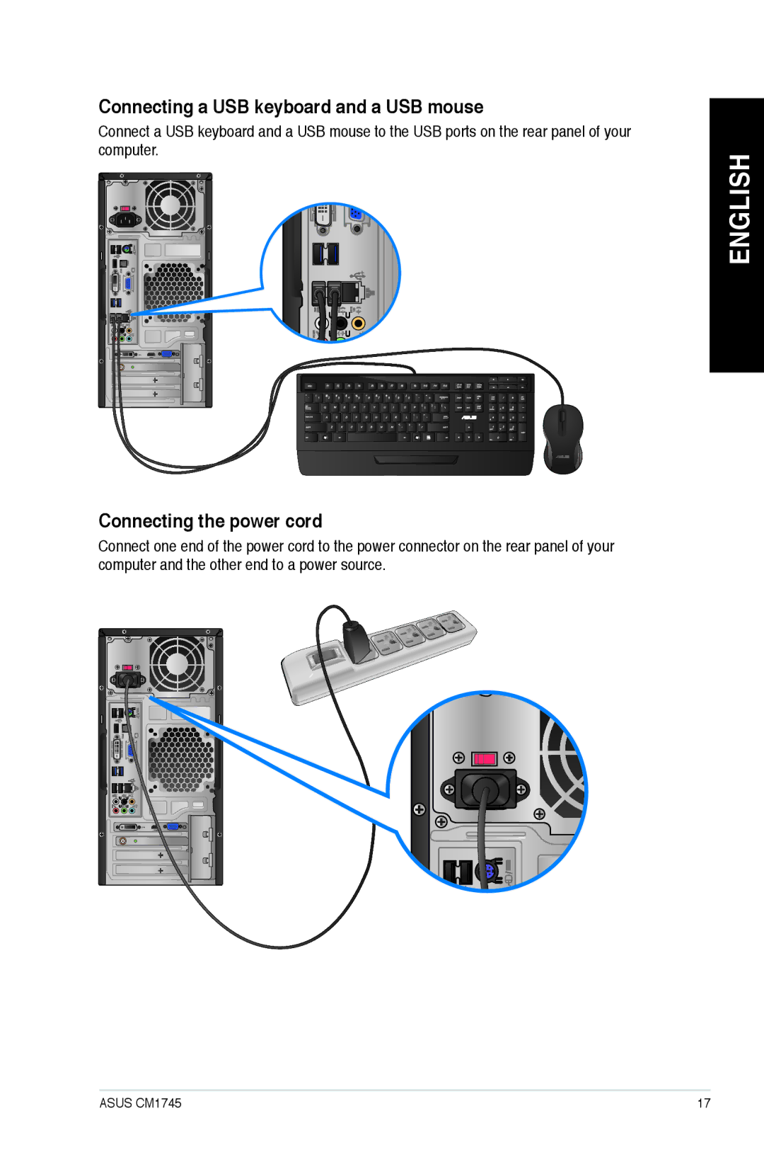 Asus CM1745 user manual Connecting a USB keyboard and a USB mouse, Connecting the power cord 