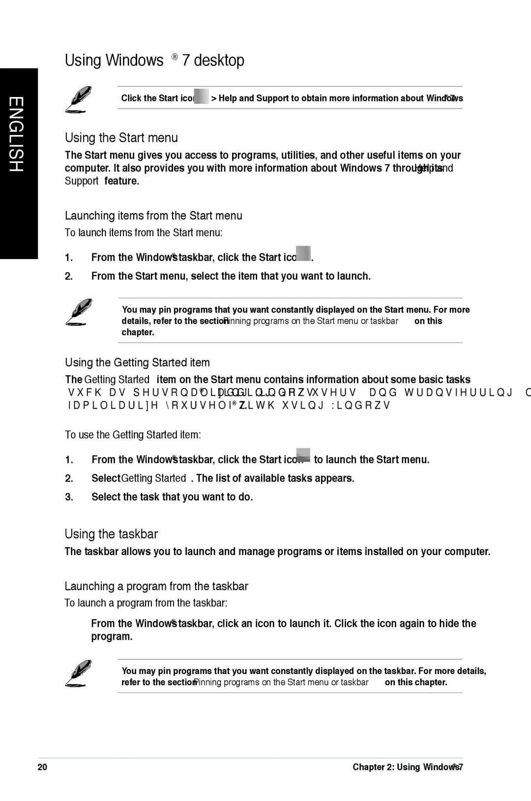 Asus CM1745 user manual Using Windows 7 desktop, Using the Start menu, Using the taskbar 