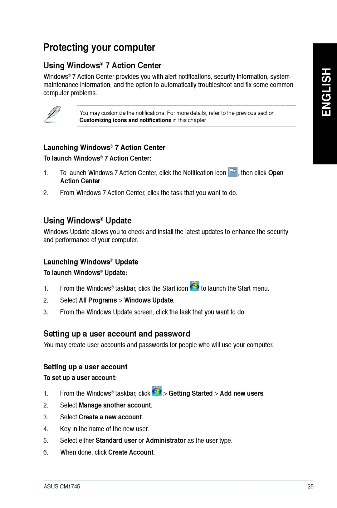 Asus CM1745 user manual Protecting your computer, Using Windows 7 Action Center, Using Windows Update 