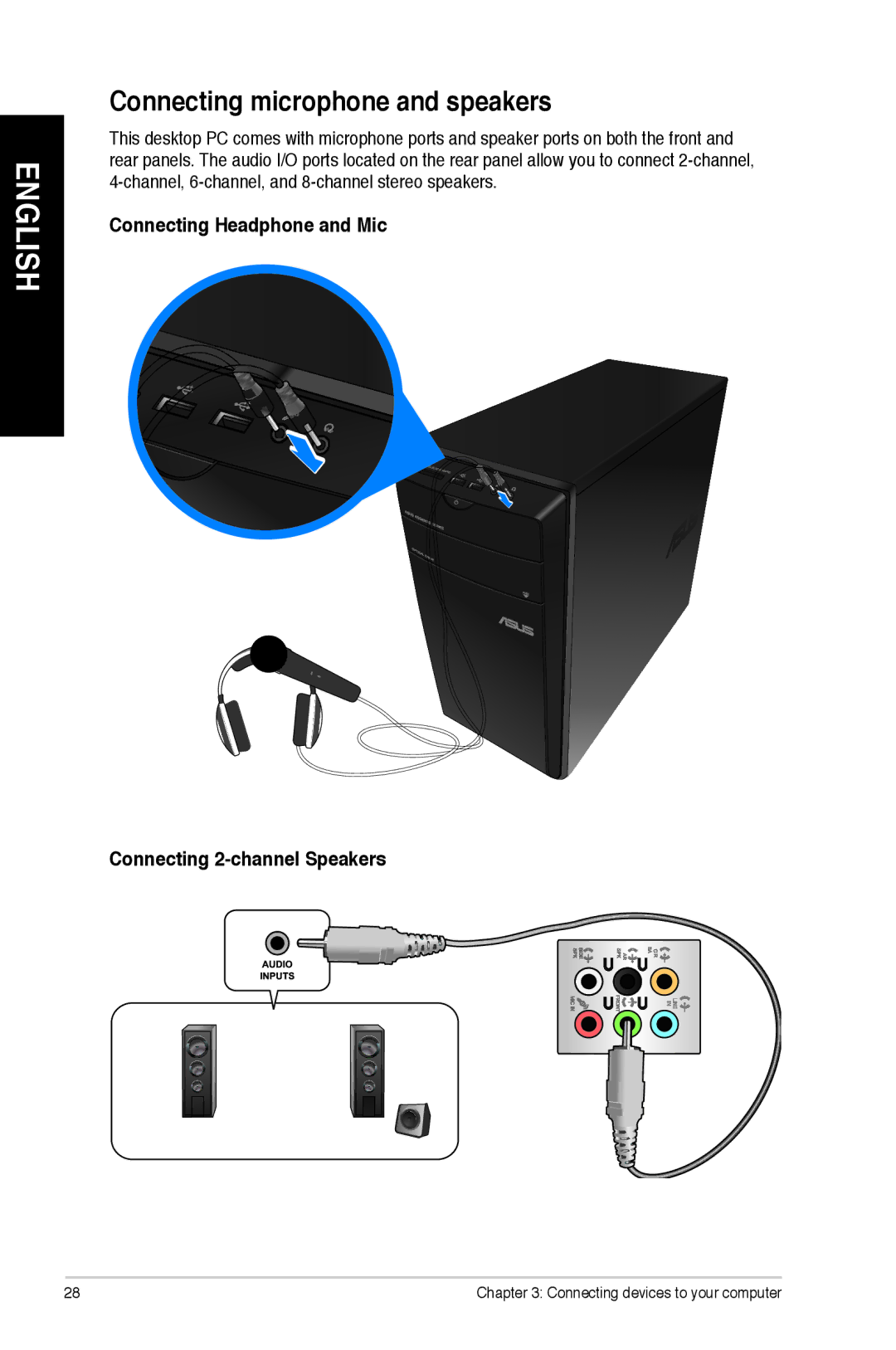 Asus CM1745 user manual Connecting microphone and speakers, Connecting Headphone and Mic Connecting 2-channel Speakers 