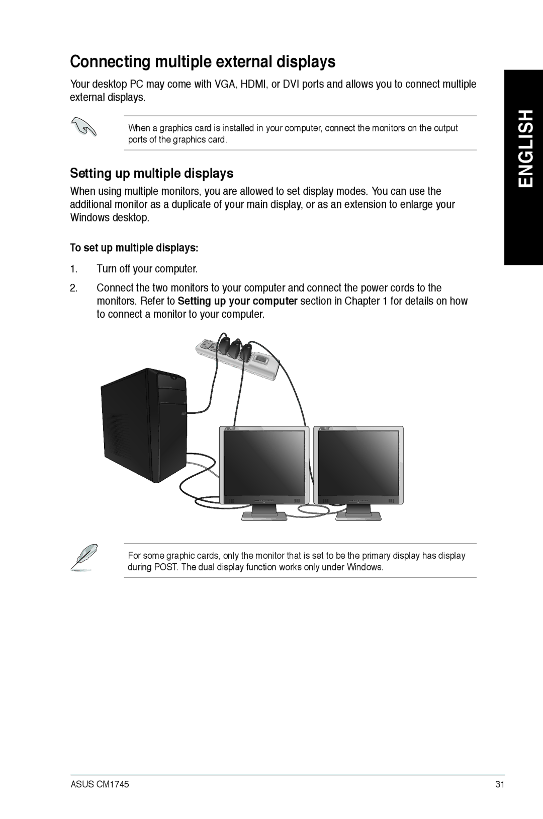 Asus CM1745 user manual Connecting multiple external displays, Setting up multiple displays, To set up multiple displays 