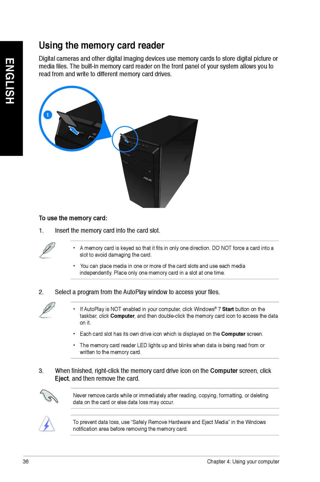 Asus CM1745 user manual Using the memory card reader, To use the memory card 