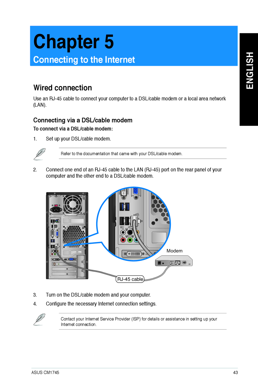 Asus CM1745 user manual Wired connection, Connecting via a DSL/cable modem, To connect via a DSL/cable modem 