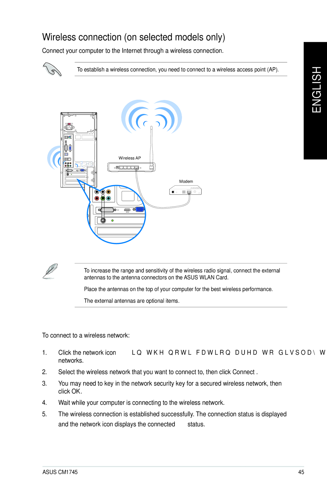 Asus CM1745 user manual Wireless connection on selected models only, To connect to a wireless network 