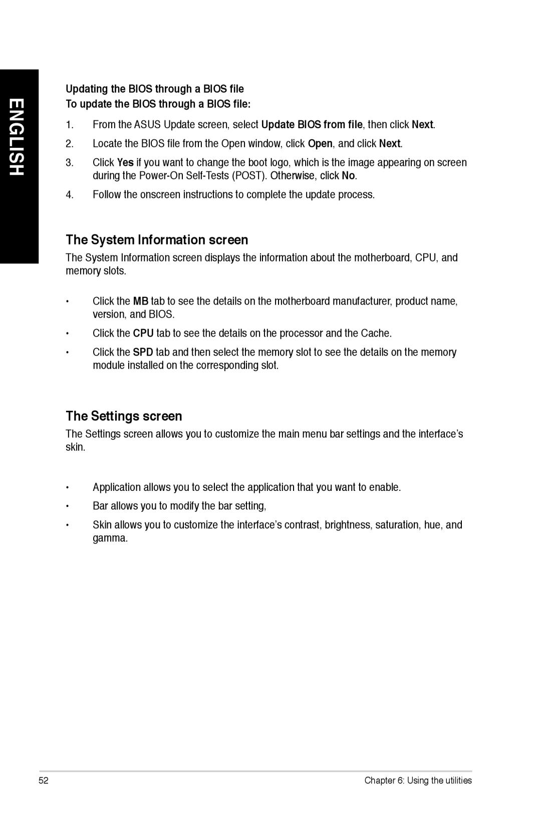 Asus CM1745 user manual System Information screen, Settings screen 