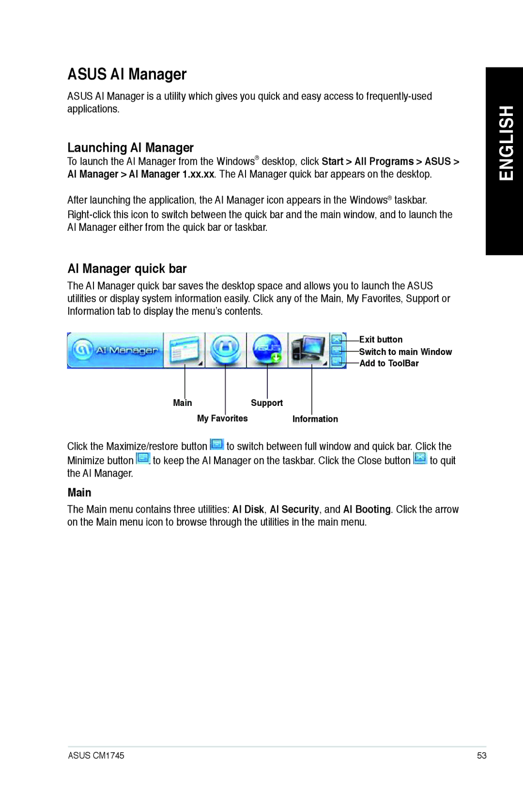 Asus CM1745 user manual Asus AI Manager, Launching AI Manager, AI Manager quick bar, Main 