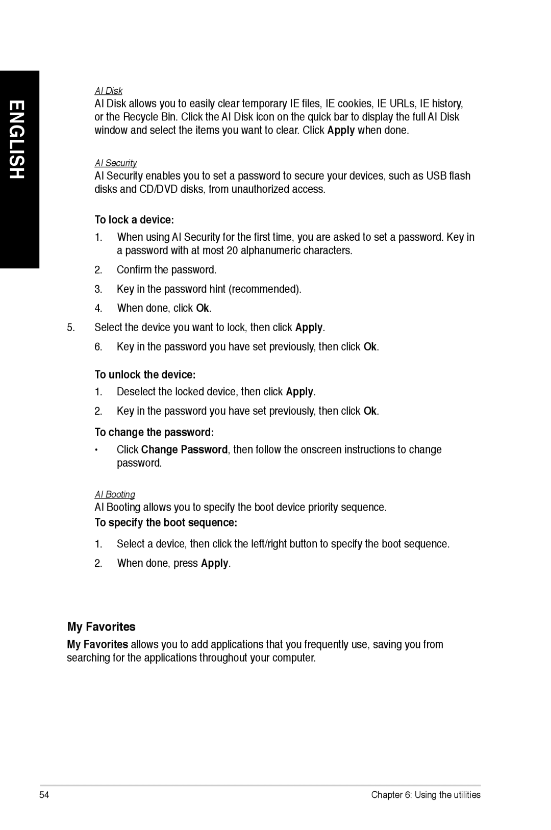 Asus CM1745 My Favorites, To lock a device, To unlock the device, To change the password, To specify the boot sequence 