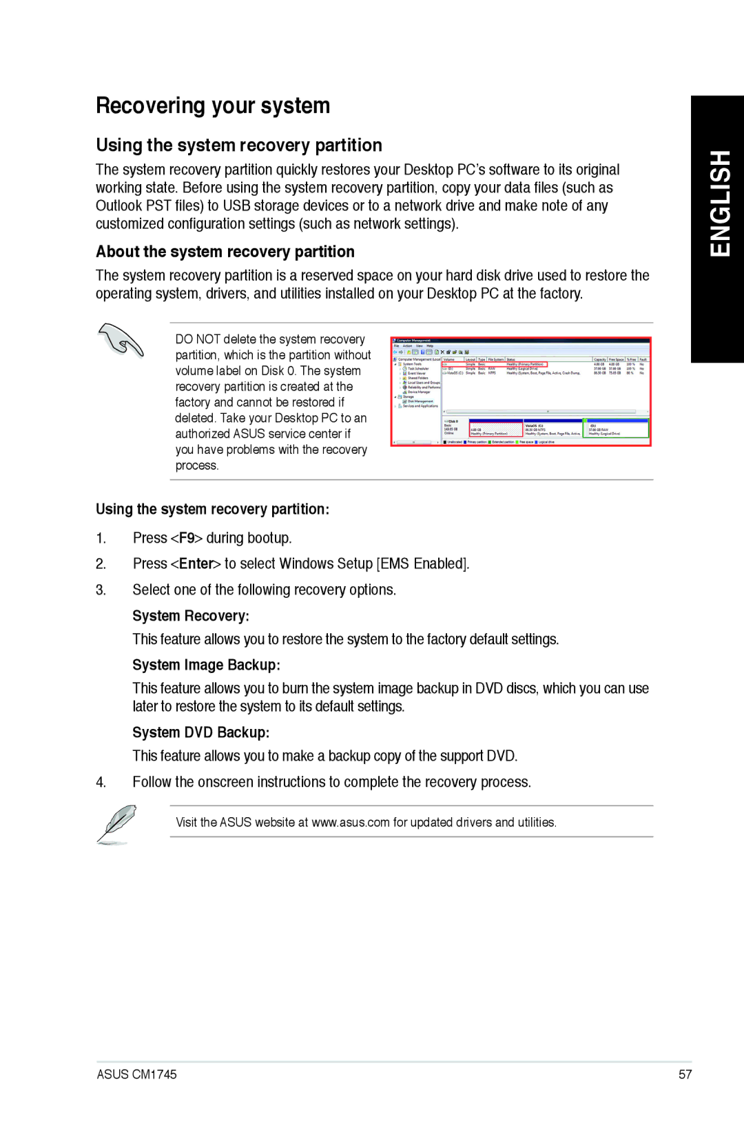 Asus CM1745 user manual Recovering your system, Using the system recovery partition, About the system recovery partition 