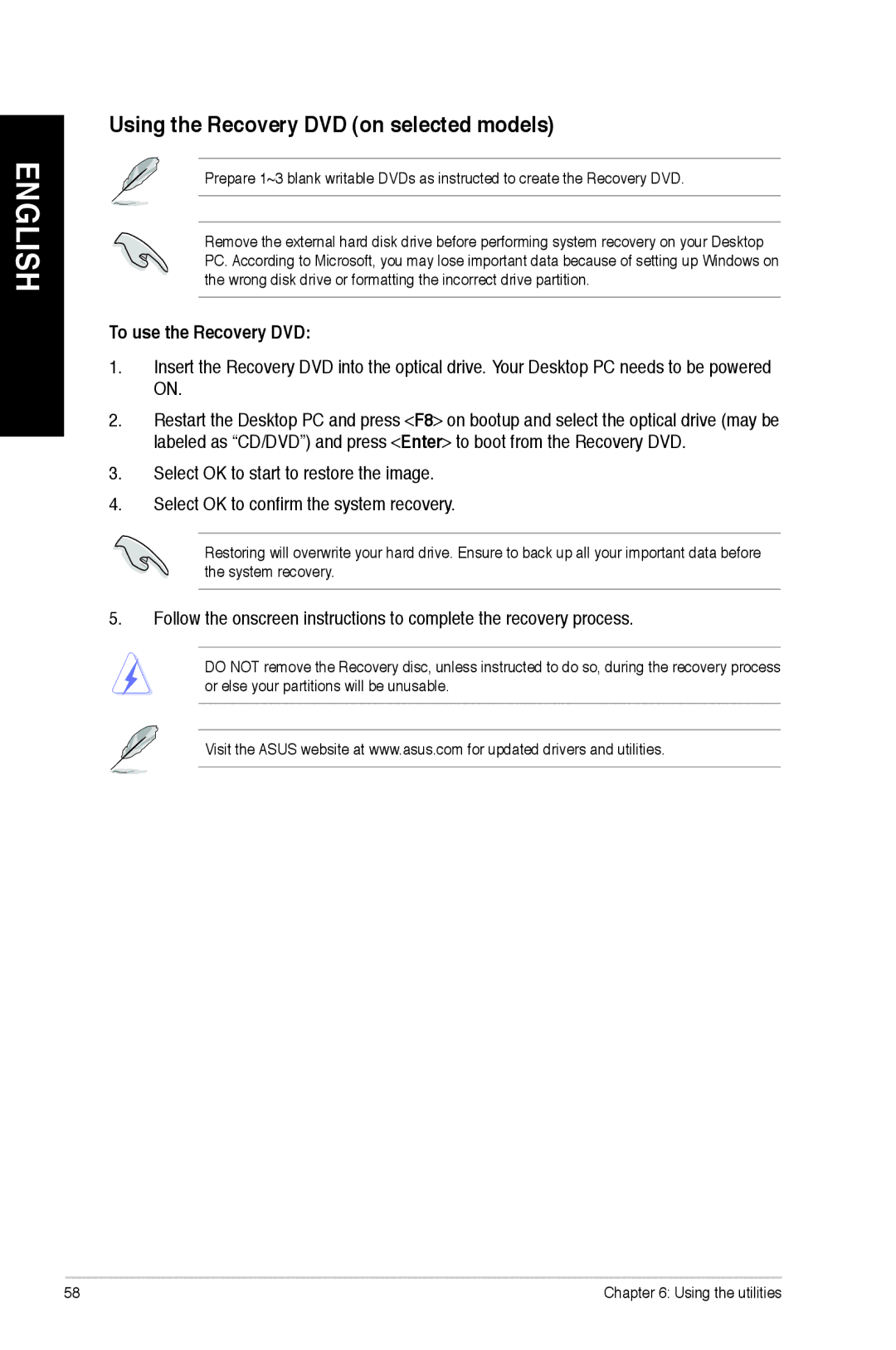 Asus CM1745 user manual Using the Recovery DVD on selected models, To use the Recovery DVD 