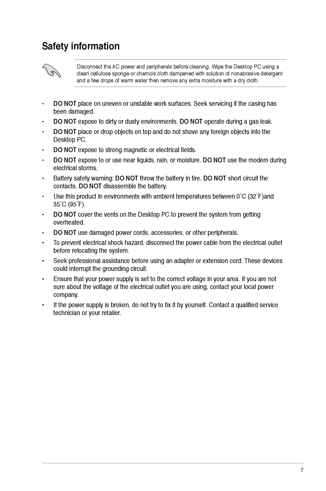 Asus CM1745 user manual Safety information 