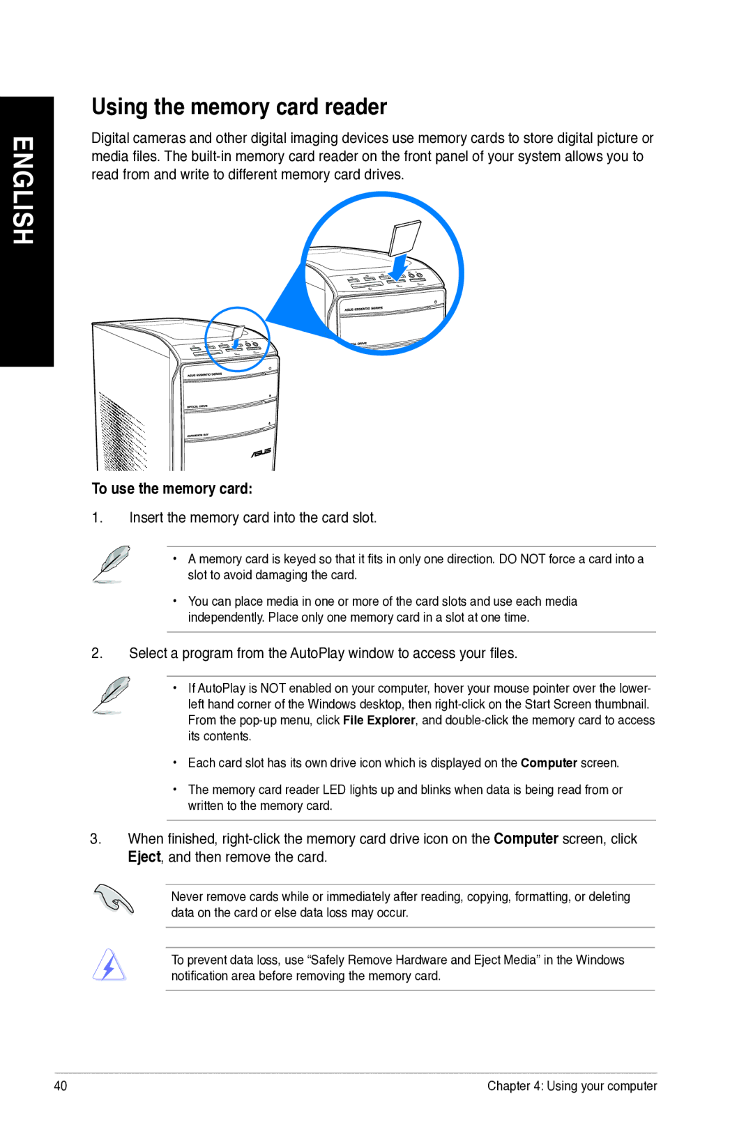 Asus CM1855-US003S Using the memory card reader, To use the memory card, Insert the memory card into the card slot 