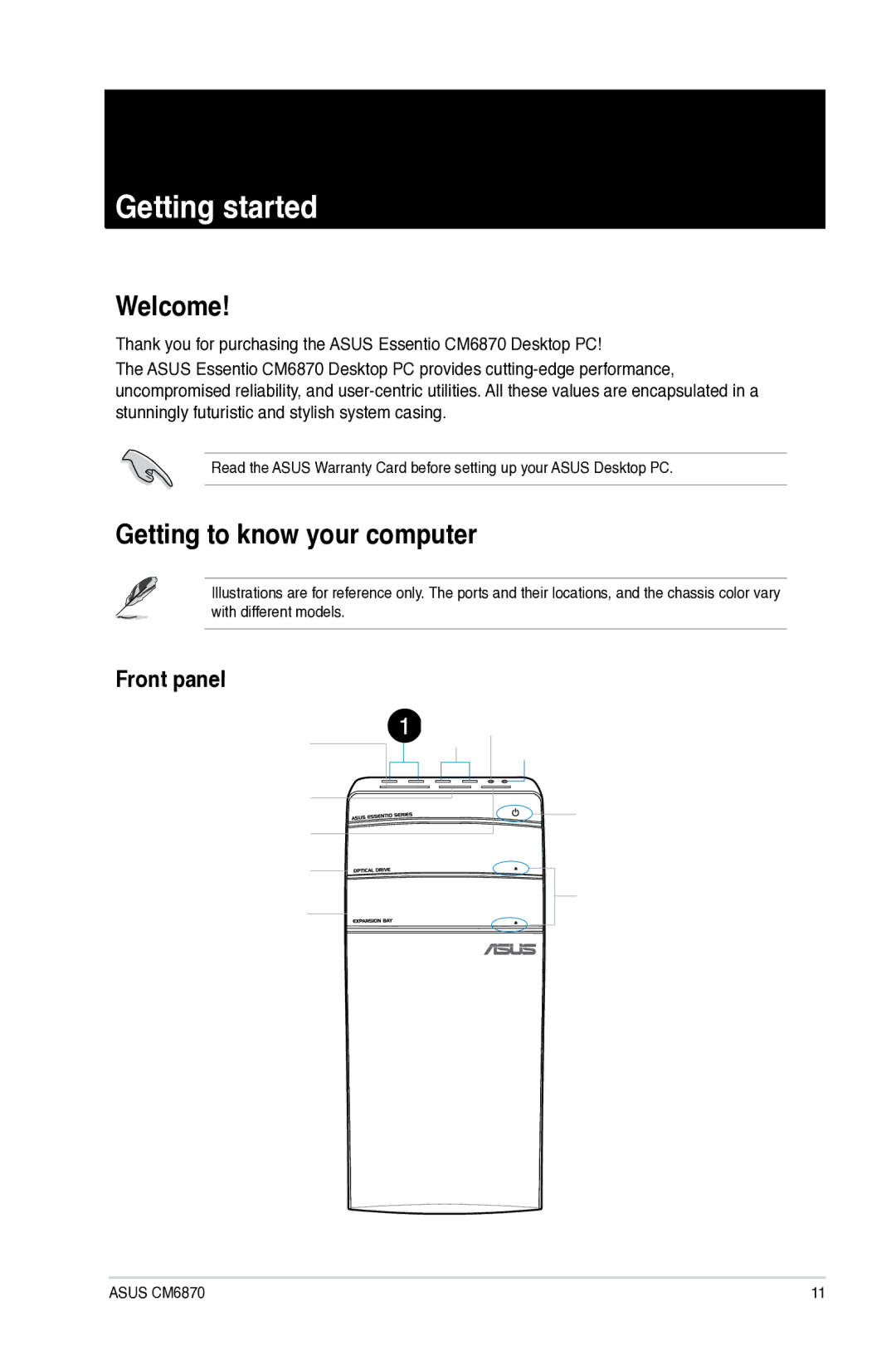 Asus CM6870 user manual Welcome, Getting to know your computer, Front panel 