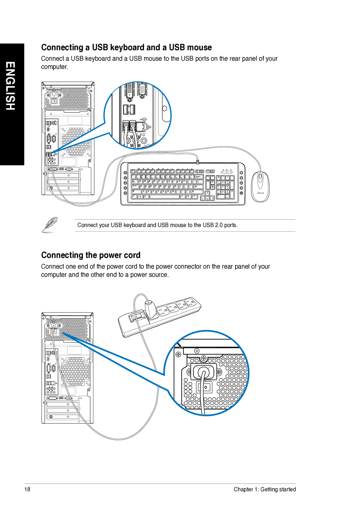 Asus CM6870 user manual Connecting a USB keyboard and a USB mouse, Connecting the power cord 