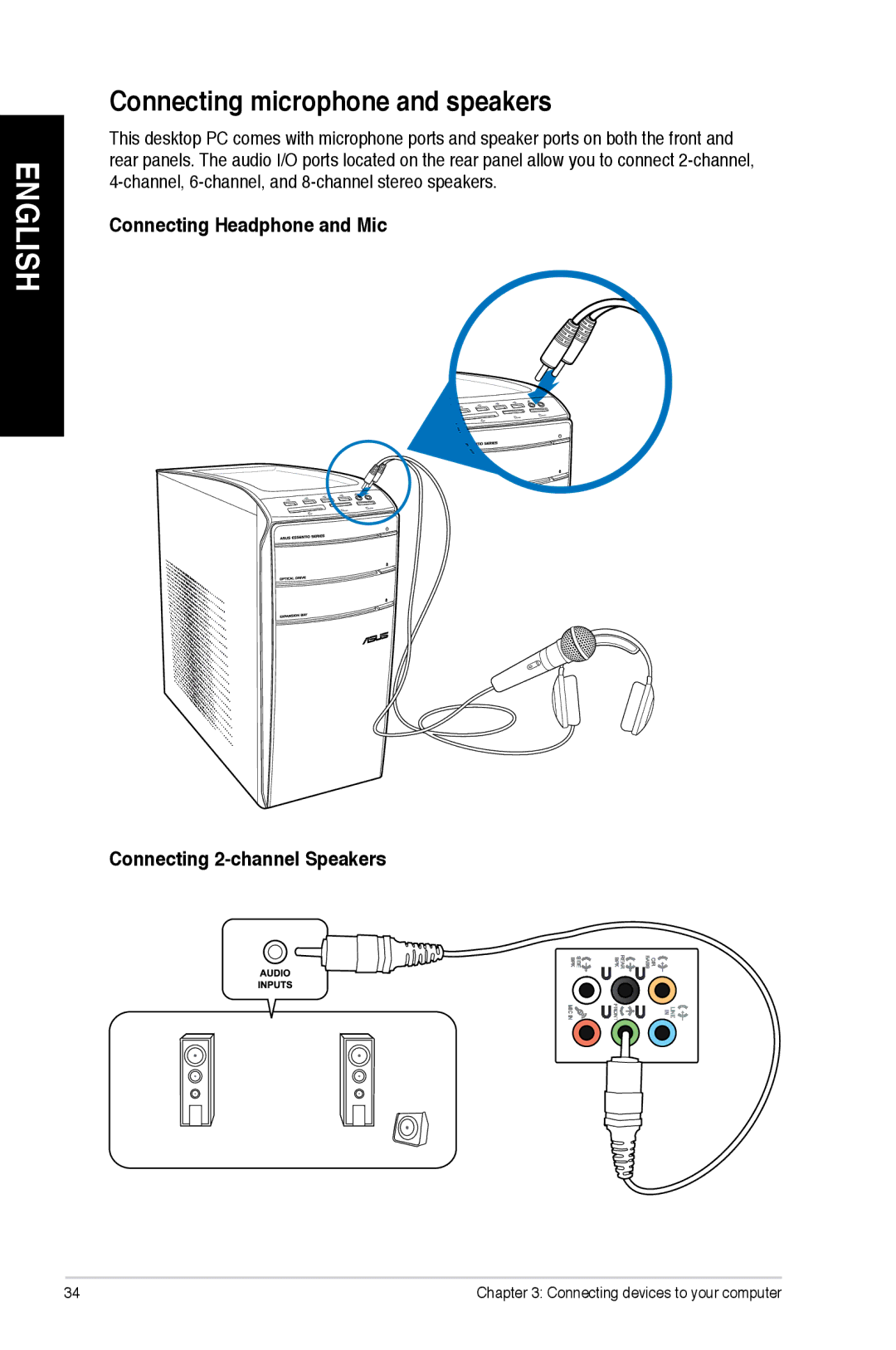 Asus CM6870 user manual Connecting microphone and speakers, Connecting Headphone and Mic Connecting 2-channel Speakers 