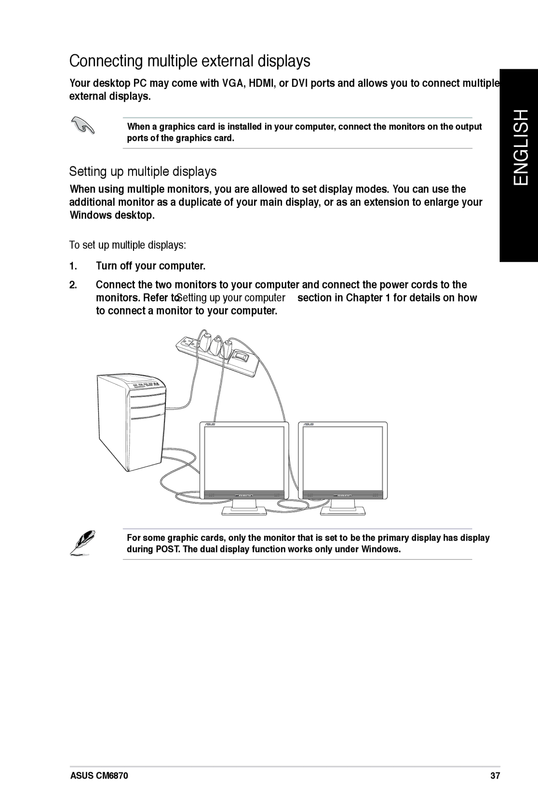 Asus CM6870 user manual Connecting multiple external displays, Setting up multiple displays, To set up multiple displays 