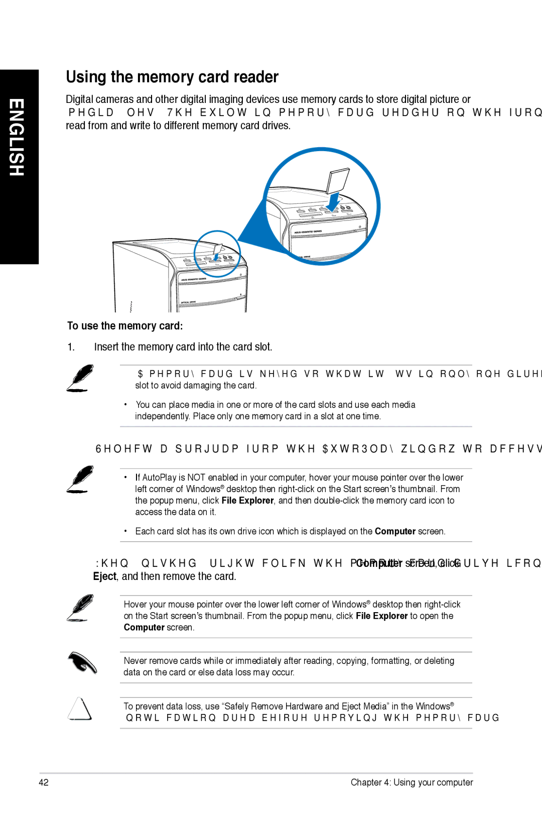 Asus CM6870 user manual Using the memory card reader, To use the memory card, Insert the memory card into the card slot 