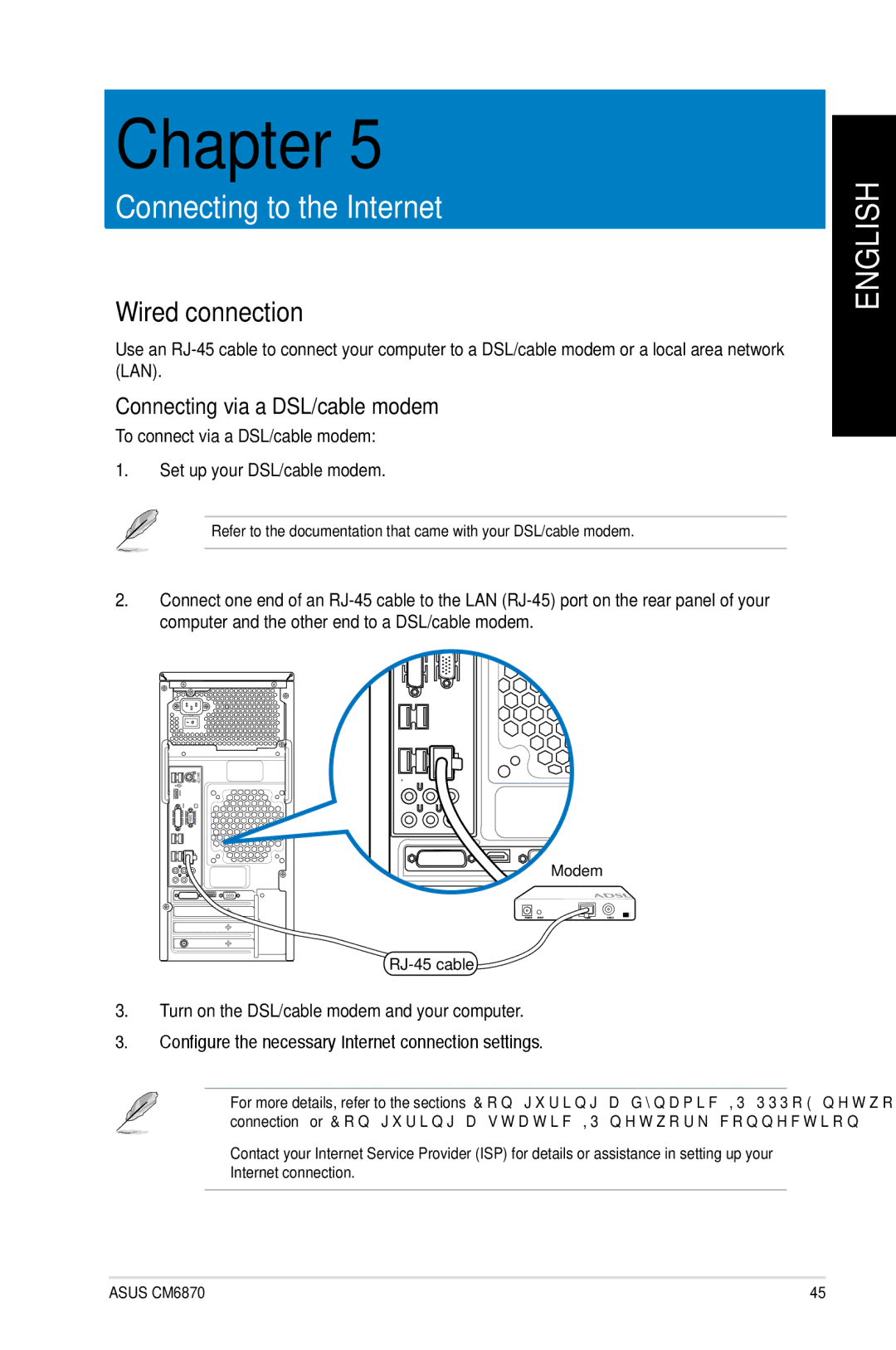 Asus CM6870 user manual Wired connection, Connecting via a DSL/cable modem, To connect via a DSL/cable modem 