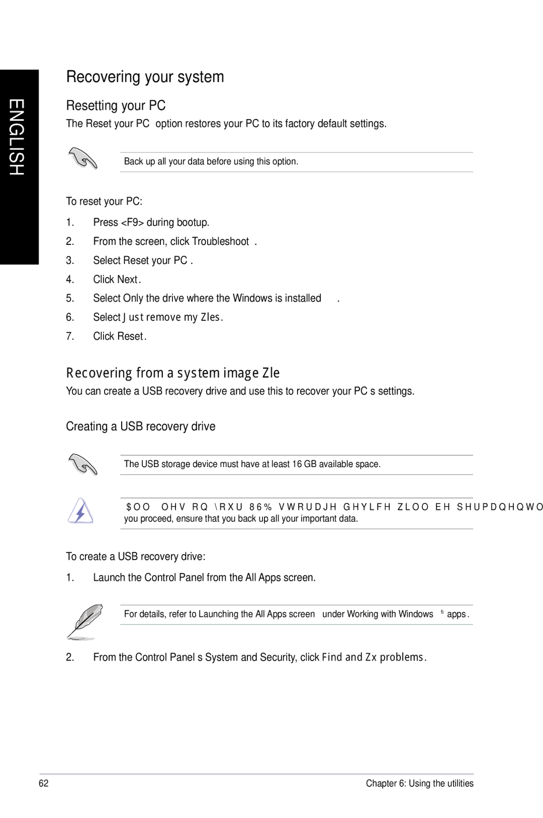 Asus CM6870 Recovering your system, Resetting your PC, Recovering from a system image file, Creating a USB recovery drive 