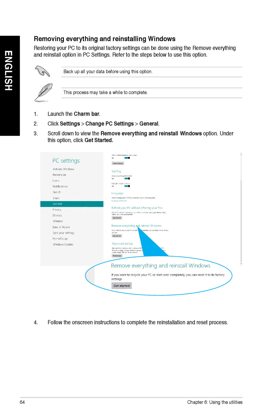 Asus CM6870 user manual Removing everything and reinstalling Windows, Launch the Charm bar 