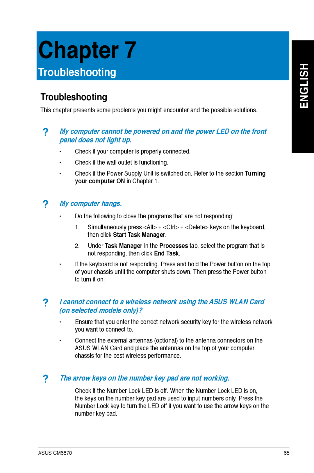 Asus CM6870 user manual Troubleshooting 