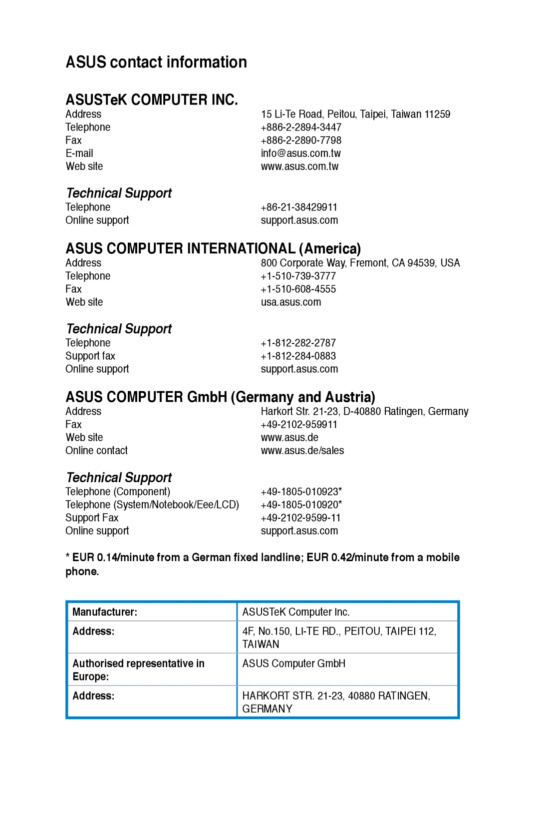 Asus CM6870 user manual Asus contact information, Address 