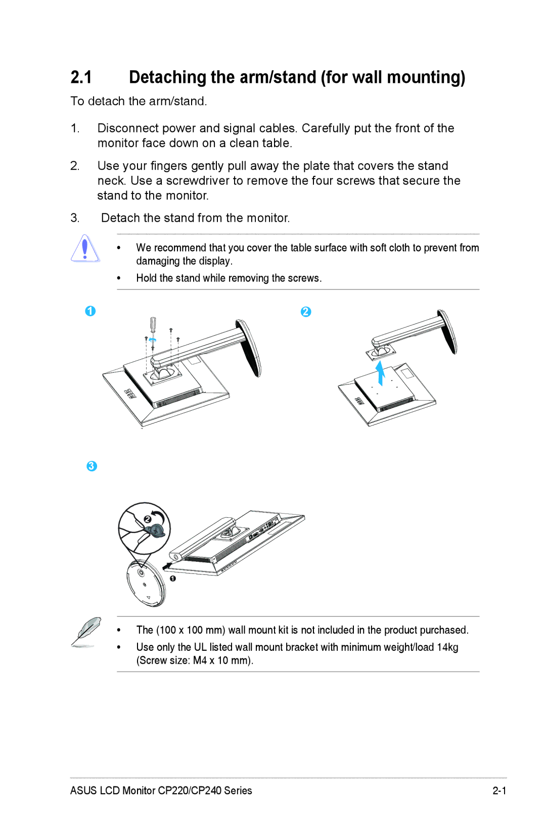 Asus CP220, CP240 manual Detaching the arm/stand for wall mounting 