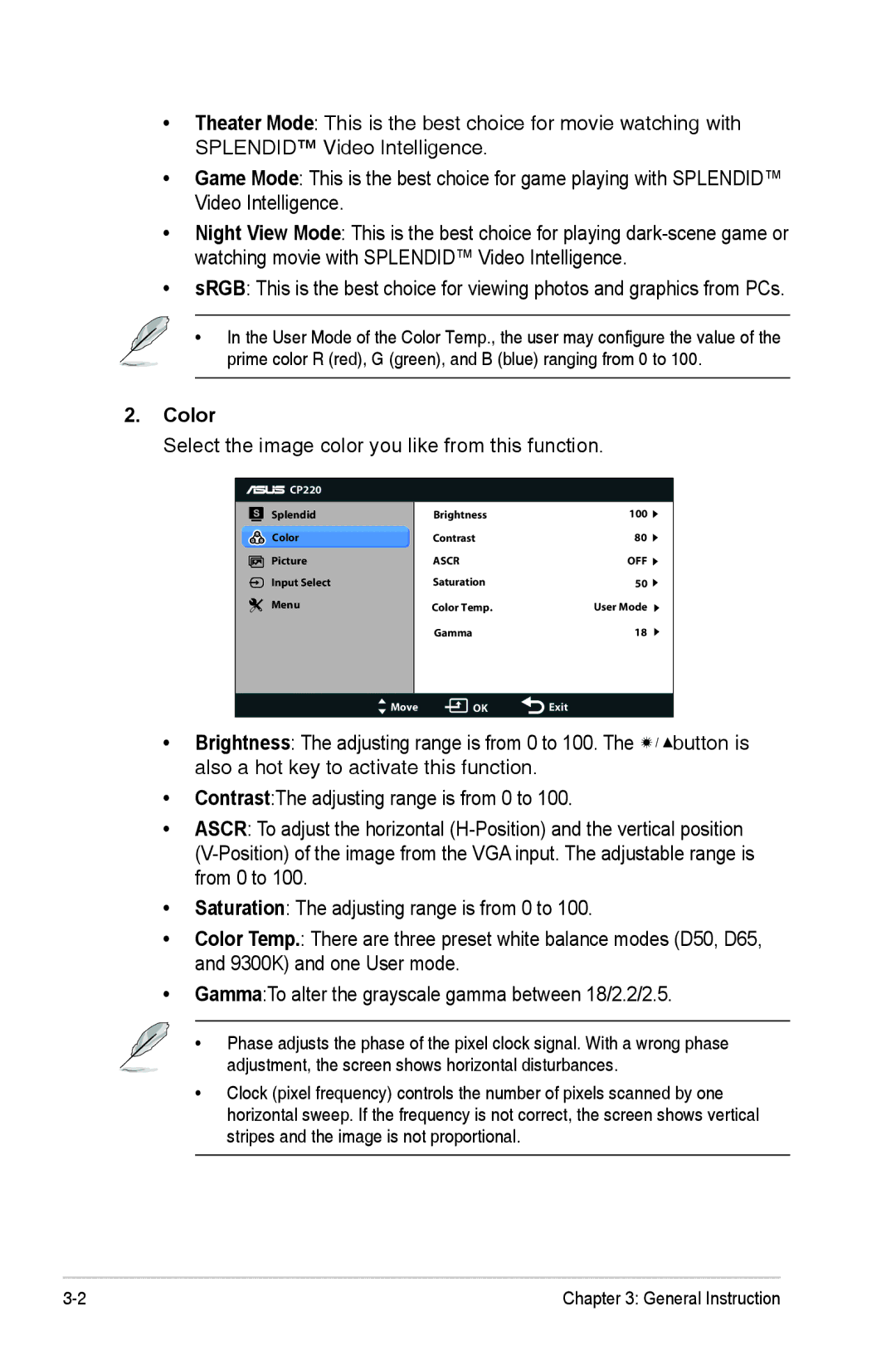 Asus CP240, CP220 manual Color, Select the image color you like from this function 