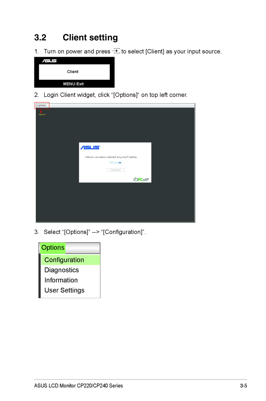 Asus CP220, CP240 manual Login Client widget, click Options on top left corner, Select Options -- Configuration 