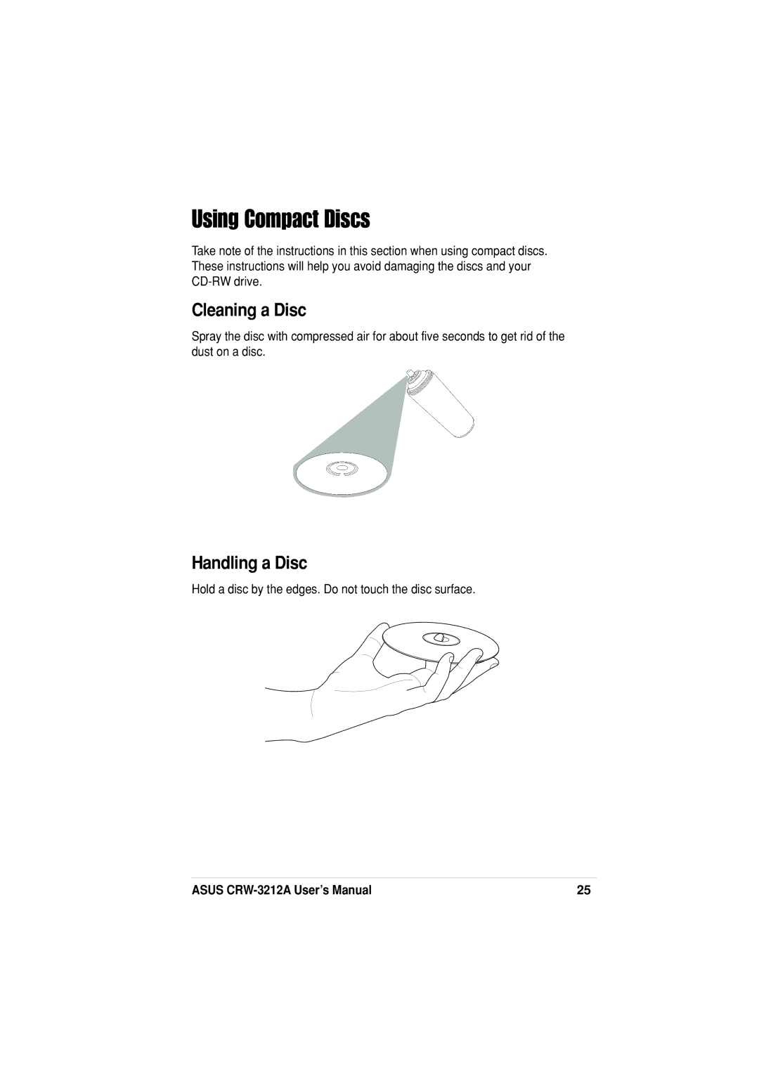 Asus CRW-3212A specifications Using Compact Discs, Cleaning a Disc, Handling a Disc 