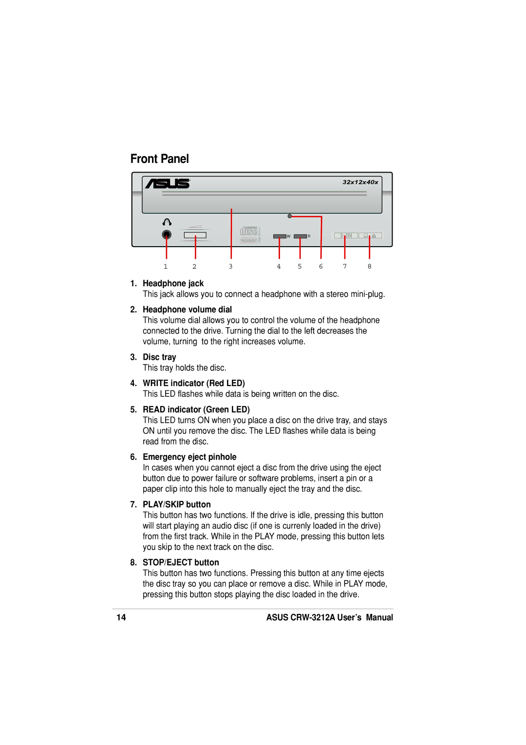 Asus CRW-3212A specifications Front Panel, Headphone volume dial 