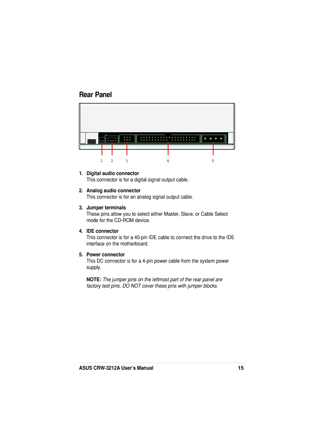 Asus CRW-3212A specifications Rear Panel, Jumper terminals 