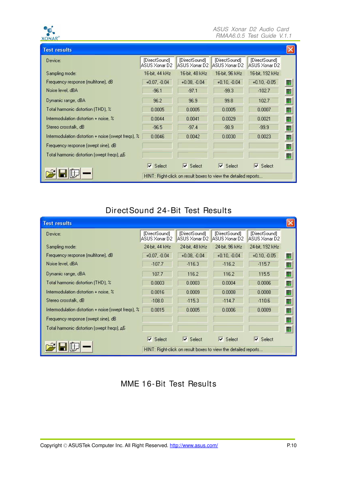 Asus D2 manual DirectSound 24-Bit Test Results MME 16-Bit Test Results 