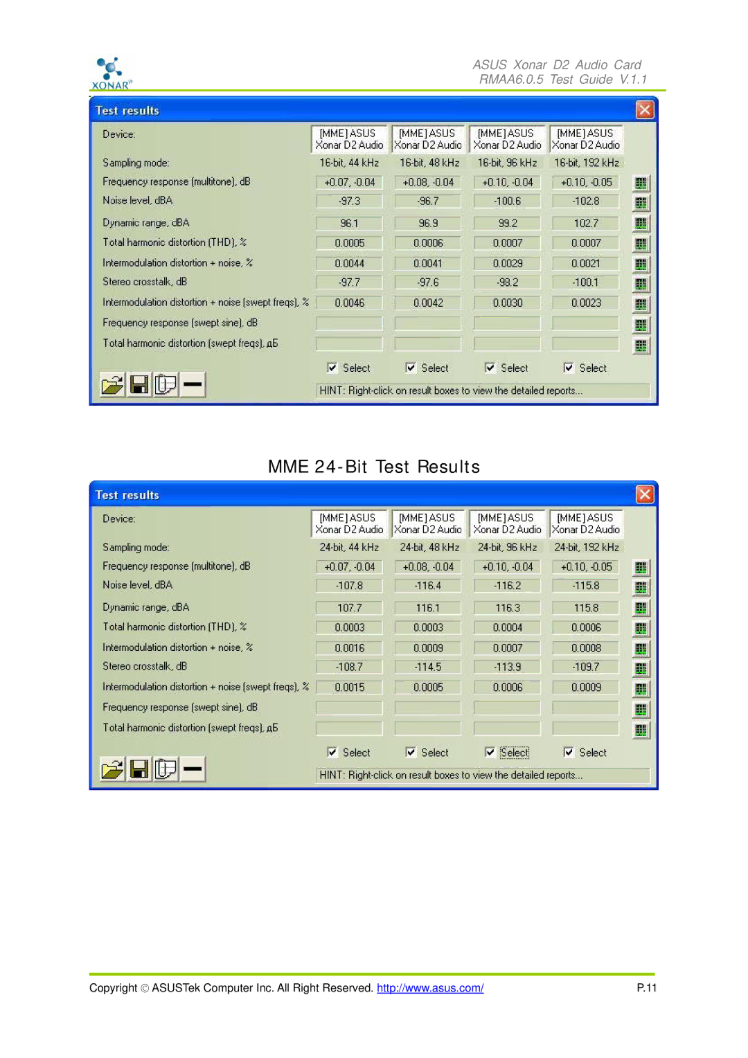 Asus D2 manual MME 24-Bit Test Results 