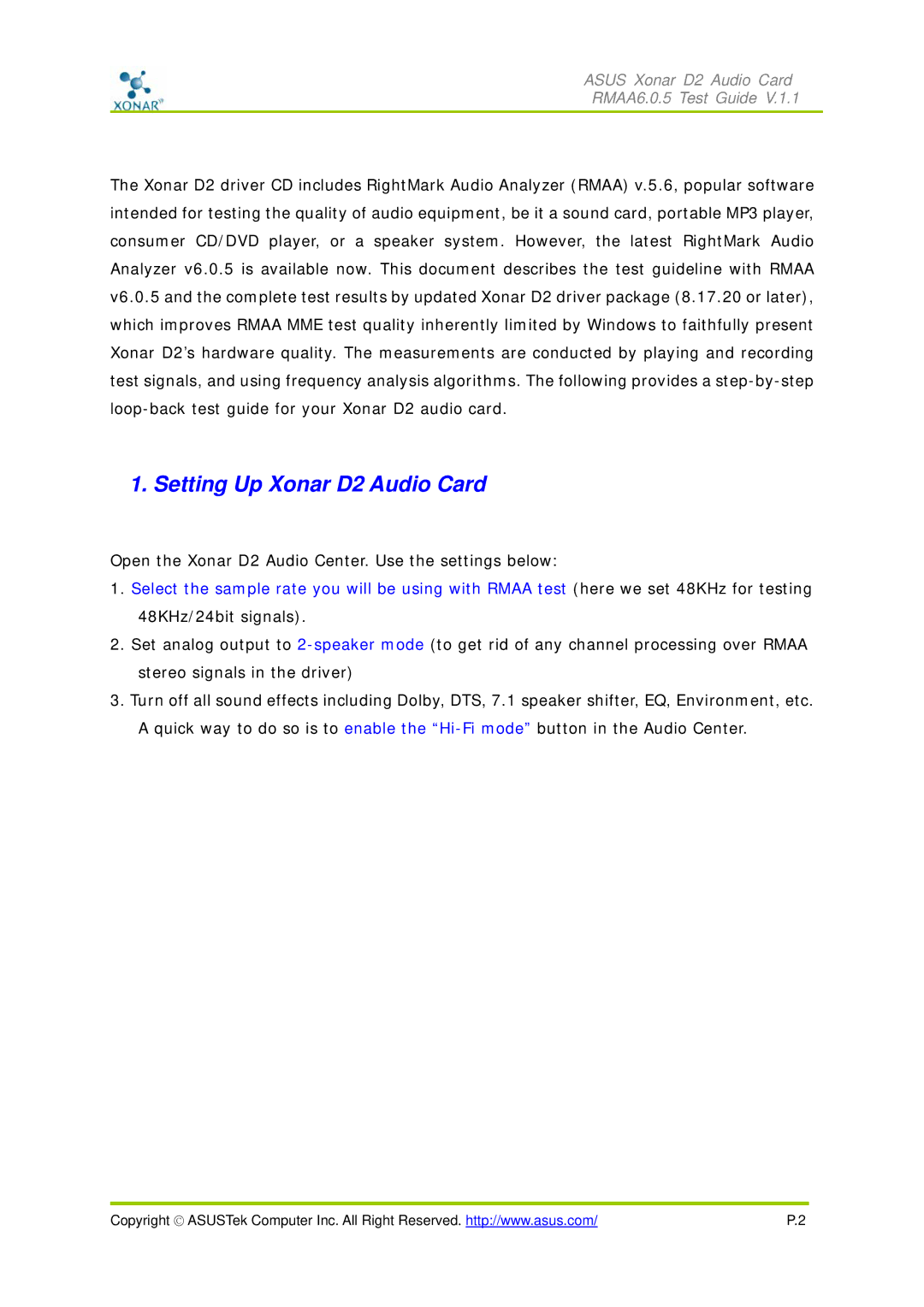 Asus manual Setting Up Xonar D2 Audio Card 