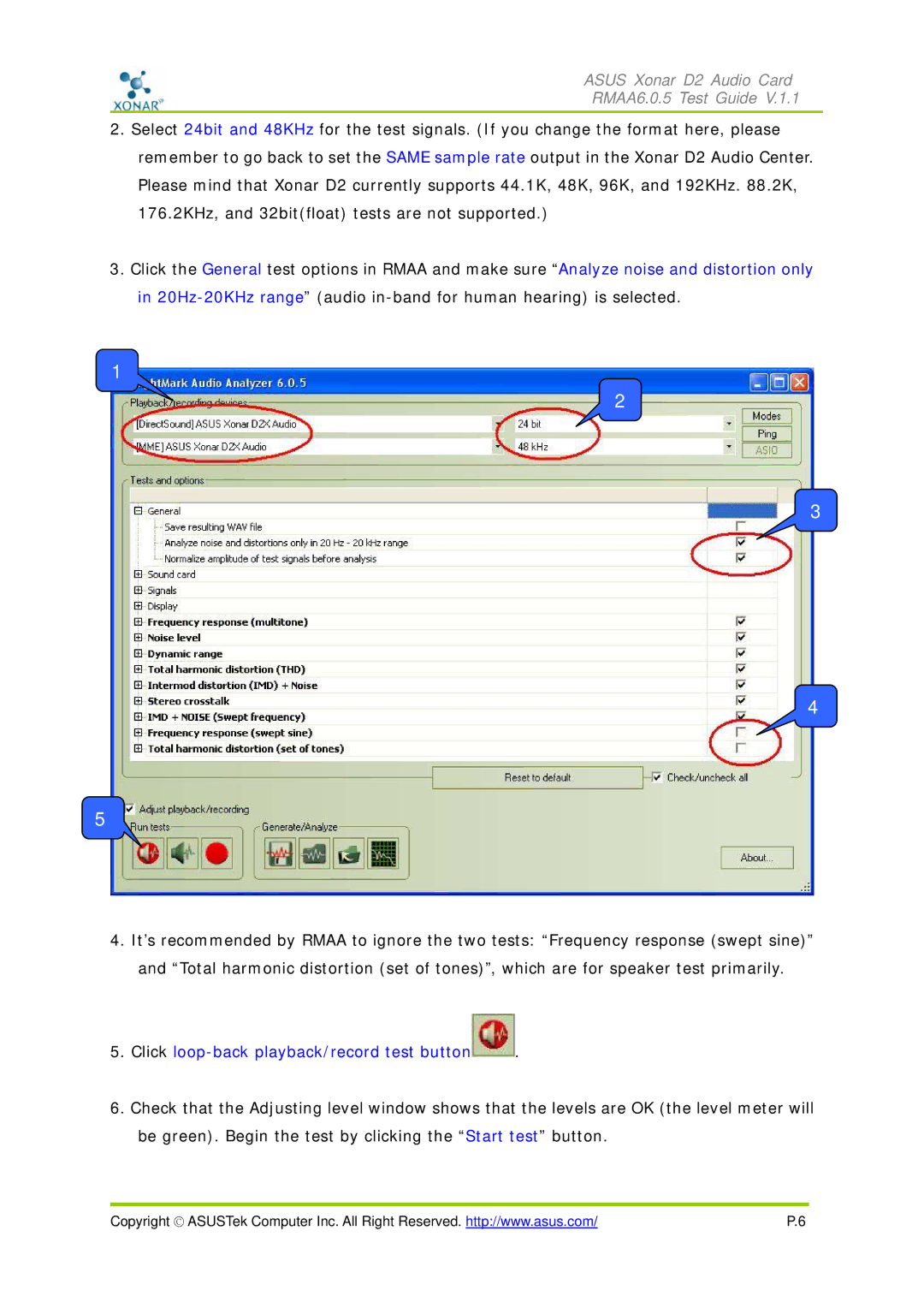 Asus D2 manual Click loop-back playback/record test button 